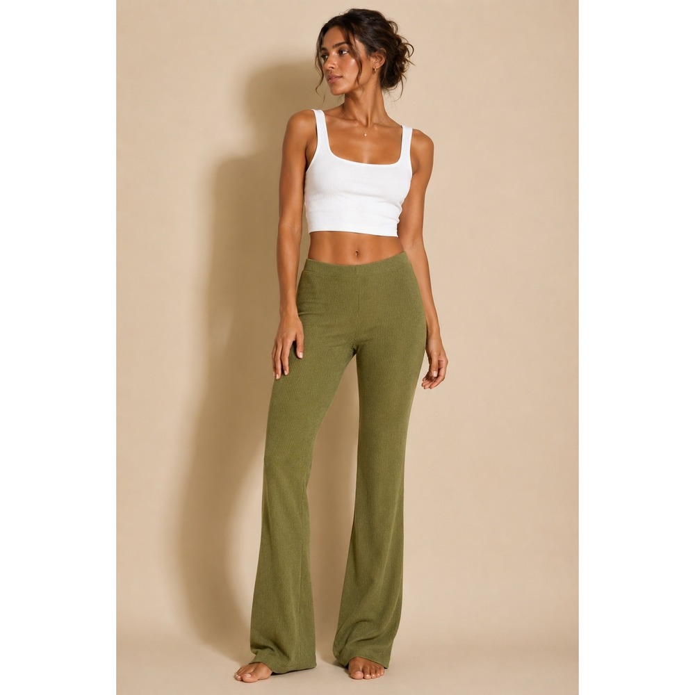 Cosabella Cotton Modal Britt High Waist Wide Leg Ribbed Knit Pants Aloe Green S